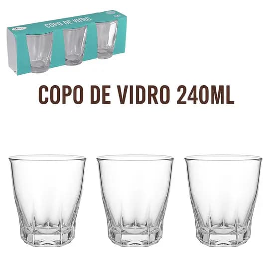 Jogo De Copos Vidro Suco Água Refri Kit C/ 3pcs Vidro Reforçado 240 ml