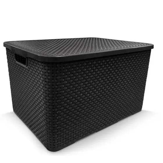 Caixas Organizadora Rattan 28 Litros com Tampa Cesto Multiuso Preto Cozinha Sala Quarto Decoração