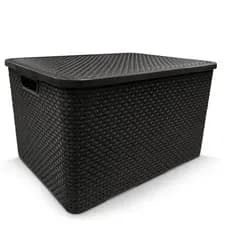 Caixas Organizadora Rattan 28 Litros com Tampa Cesto Multiuso Preto Cozinha Sala Quarto Decoração