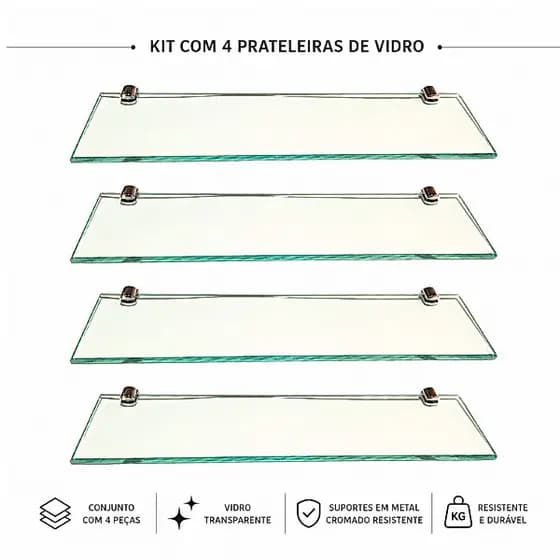 kit 4 prateleiras 40cm x 10xm em vidro 6mm. .