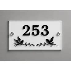 Placa Numero Residencial em Vidro 8mm 30 cm comprmento x 20 cm altura com Pássaros Decorativos