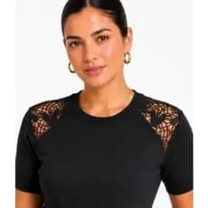 Blusa  Renda Feminina Tricot Premium Manga Curta com Renda no ombro, Blusa Tricot Renda crochê Verão T-shirt