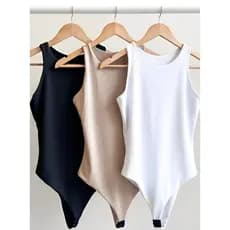Kit 3 Bodys Bory Boddie Feminino Regata Básica Casual Suplex com Forro Duplo Branco Nude Preto
