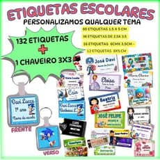 kit Etiquetas Escolares Personalizadas/ PERSONALIZAMOS QUALQUER TEMA- 132 ETIQUETAS + 1 CHAVEIRO 3X3