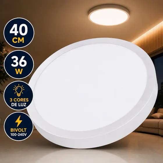 Painel LED Sobrepor 40cm 36W Bivolt 3 Cores Redondo