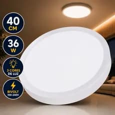 Painel LED Sobrepor 40cm 36W Bivolt 3 Cores Redondo