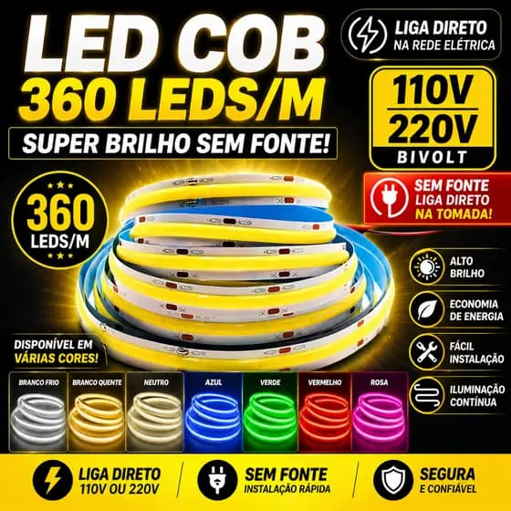 Fita Cob Led Direta Na Energia 10m 360 leds 110v/220v IP20 Não Usa Fonte