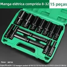 KIT 15/10 Peças Jogo de Soquetes de Impacto Longo 1/2 8 A 32mm