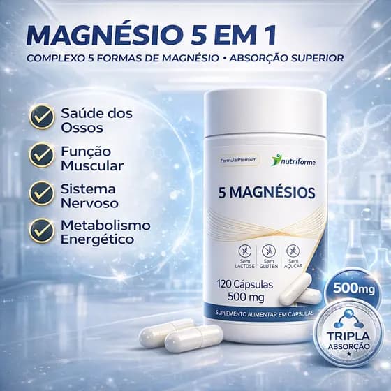 5 Magnésio 500mg – 120 Cápsulas – Complexo 5 Formas – Absorção Superior – Energia e Função Muscular