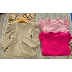 Blusinha Canelada Anarruga Manga Bufante Gola Careca Moda Casual, Infantil Menina Manga Longa Princesa Tecido Anarruga