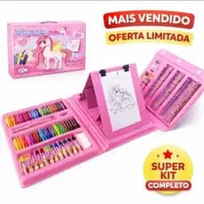 Super Kit Pintura Unicórnio 208 Peças Maleta Artística Infantil Lápis Canetinha Giz de Cera