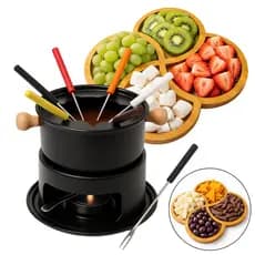 Kit Fondue Com 11 Peças 6 Pessoas Queijo Chocolate + Petisqueira MDF