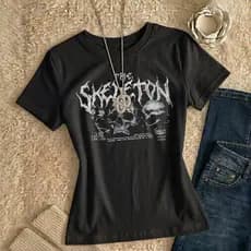 Camiseta Feminina Gótica Algodão Skeleton Darkwear Alternativo Urbano Tribal Demon Y2k Slim Algodão