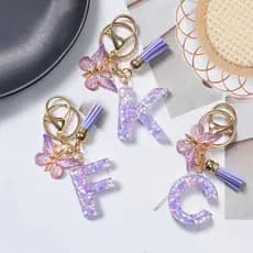 1 Pçs Roxo Borla Borboleta Letras Chaveiro Estrela Lantejoulas Resina Iniciais Pingente Saco Ornamento