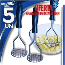Conjunto  05 Peças Amassador Batatas Espremedor Manual Legumes Multiuso Aço Inox Com Cabo Plastico Cozinha Utilidades
