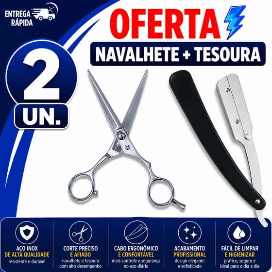 TESOURA BARBEIRO 6'' + NAVALHA INOX PROFISSIONAL ACABAMENTO CABELO BARBA PREMIUM