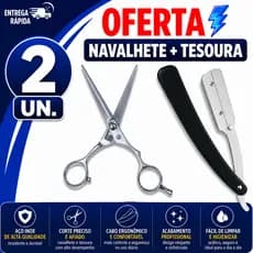 TESOURA BARBEIRO 6'' + NAVALHA INOX PROFISSIONAL ACABAMENTO CABELO BARBA PREMIUM