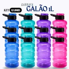 Kit 12 Garrafas 1L com Tampa e Alça | Galão Plástico Resistente | Não Vaza | Água, Suco, Academia, Viagem, Brindes