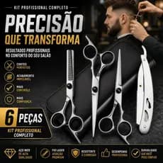 Kit Tesoura Profissional Barbeiro 6 Peças Fio Laser e Desfiadeira 6.0 com Estojo Altomex + Navalhete Estojo Prata