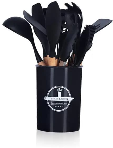 PRETO - Conjunto de Utensílios de Cozinha 12 Peças - Silicone e Cabo de Madeira