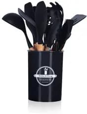 PRETO - Conjunto de Utensílios de Cozinha 12 Peças - Silicone e Cabo de Madeira