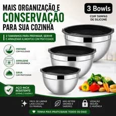 Tigela Bowl Aço Inox com Tampa de Silicone 3 Peças Vedação Hermética para Armazenar Alimentos