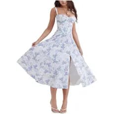 Branco e Azul - G - Vestido midi flor alça fina
