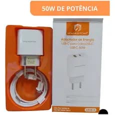Carregador IPhone Original Tipo C 50W Turbo 15 16 17 Plus Pro Max Cabo em Nylon Branco