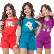 Kit Sortido 06 Peças de Roupas Infantil Menina 3 Camisetas + 3 Bermudas Kit com 3 Conjuntos de Roupa Infantil Menina