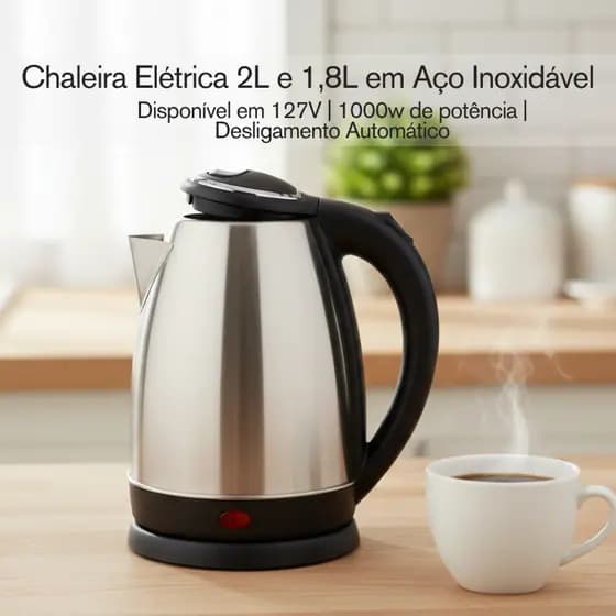 Chaleira Elétrica 2L 22x15Cm 127V 1000W De Aço Inox Desligamento Automático