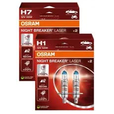 Kit Lâmpadas Osram Night Breaker Laser 150% 3500K 55w 12v: Um Par de Lâmpadas H7 + Um Par de Lâmpadas H1