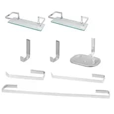 Kit Acessórios Para Banheiro 6 Pçs Inox Quadrado + 2 Porta Shampoo Reto Haste Quadrada