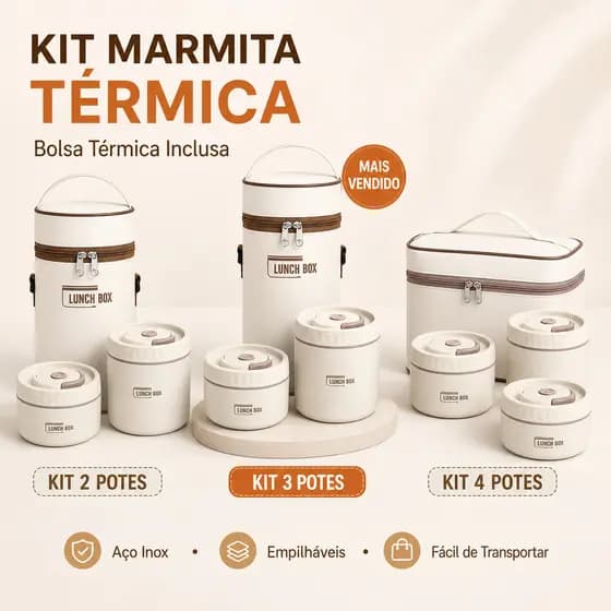 Kit Marmita Térmica Aço Inox com Bolsa 2 3 ou 4 Potes Empilháveis 420ml 550ml Lunch Box
