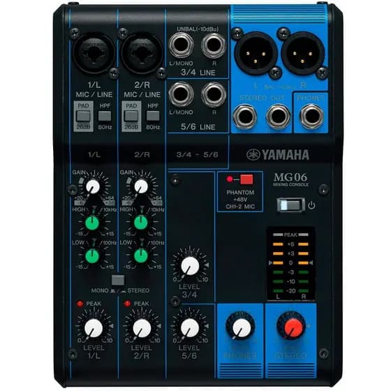 Mesa de Som Mixer Analógico Yamaha MG06 com Phantom Power 6 Canais Bivolt