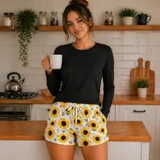Pijama Feminino Camisa Manga Longa Térmica Preta + Shorts Girassol