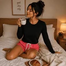 Pijama Feminino Camisa Manga Longa Térmica Preta + Shorts Cor Aleatória