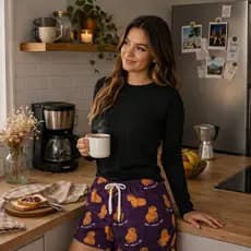 Pijama Feminino Camisa Manga Longa Térmica Preta + Shorts Capivara