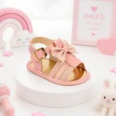 Sandália Baby Rosa com Laço Glitter – Macia, Confortável e Fofinha para Bebê Menina
