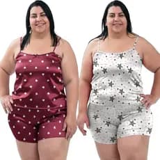 2 Conjuntos Plus Size Baby Doll Short Doll Estampado Sem Bojo Pijama Feminina Premium