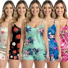 Kit 6 Pijamas Baby Doll Sem Bojo Conjunto Pijama Short Doll Estampados Personagens