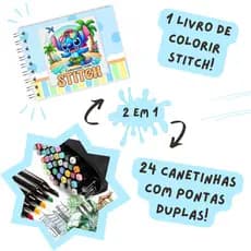 Kit Livro Colorir stitch 2 em 1 + Estojo 24 Canetas Coloridas Kids - Azul