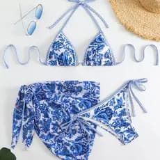 Biquíni feminino estampado de 3 peças verão praia