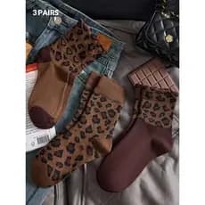 3 pares de meias femininas com estampa de leopardo, respiráveis e confortáveis, adequadas para uso diário e passeios, ad