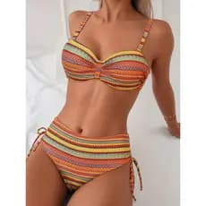 Biquíni feminino de duas peças, estampa retrô, Design com cordão, roupa de praia de verão.