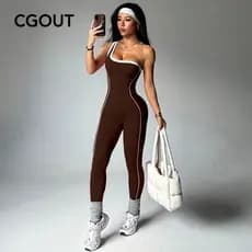 Macacão de um ombro com cor contrastante para ioga, macacão Skinny para mulheres, Fitness, esportivo