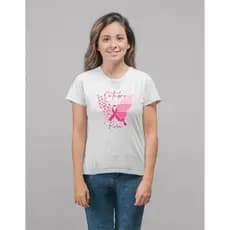 Camiseta Roupa Outubro Rosa Feminina Asa com Laço Rosa Solidário