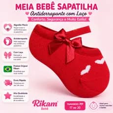 Kit 2 Pares Meia Bebê Sapatilha Antiderrapante Feminina com Laço Algodão Rikam PP 17-20