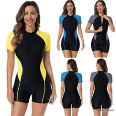 RS|Maio Feminino Praia Cor Correspondente de Manga Curta Maiô de Uma Peça Boxer Zíper Maior de Praia Maiô Feminino Surf