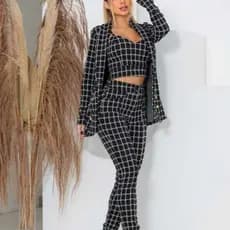 Conjunto feminino 3 pecas calça xadrez