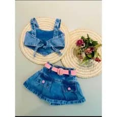 Conjunto  shorts saia c/ bolsos e cinto acompanhar crepet bordado, tamanho 2 ao 12